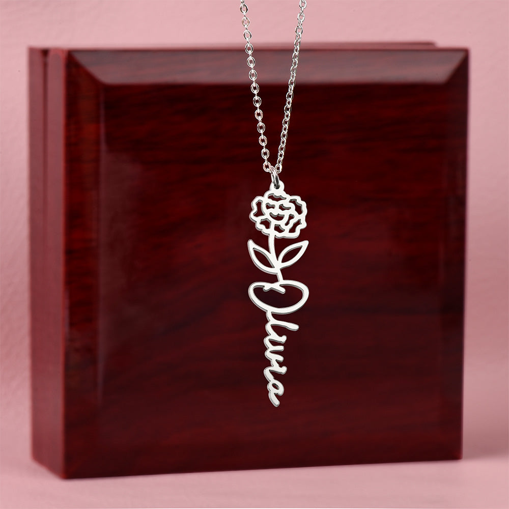 Birth Flower Name Necklace, A Gift She'll Treasure, Custom Handwritten Script Pendant, Gift for Her