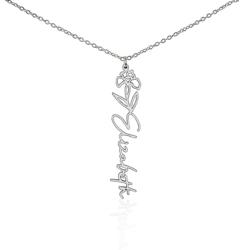 Birth Flower Name Necklace, A Gift She'll Treasure, Custom Handwritten Script Pendant, Gift for Her