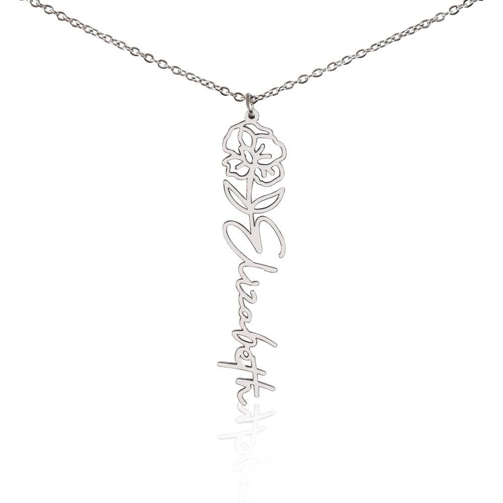 Birth Flower Name Necklace, A Gift She'll Treasure, Custom Handwritten Script Pendant, Gift for Her