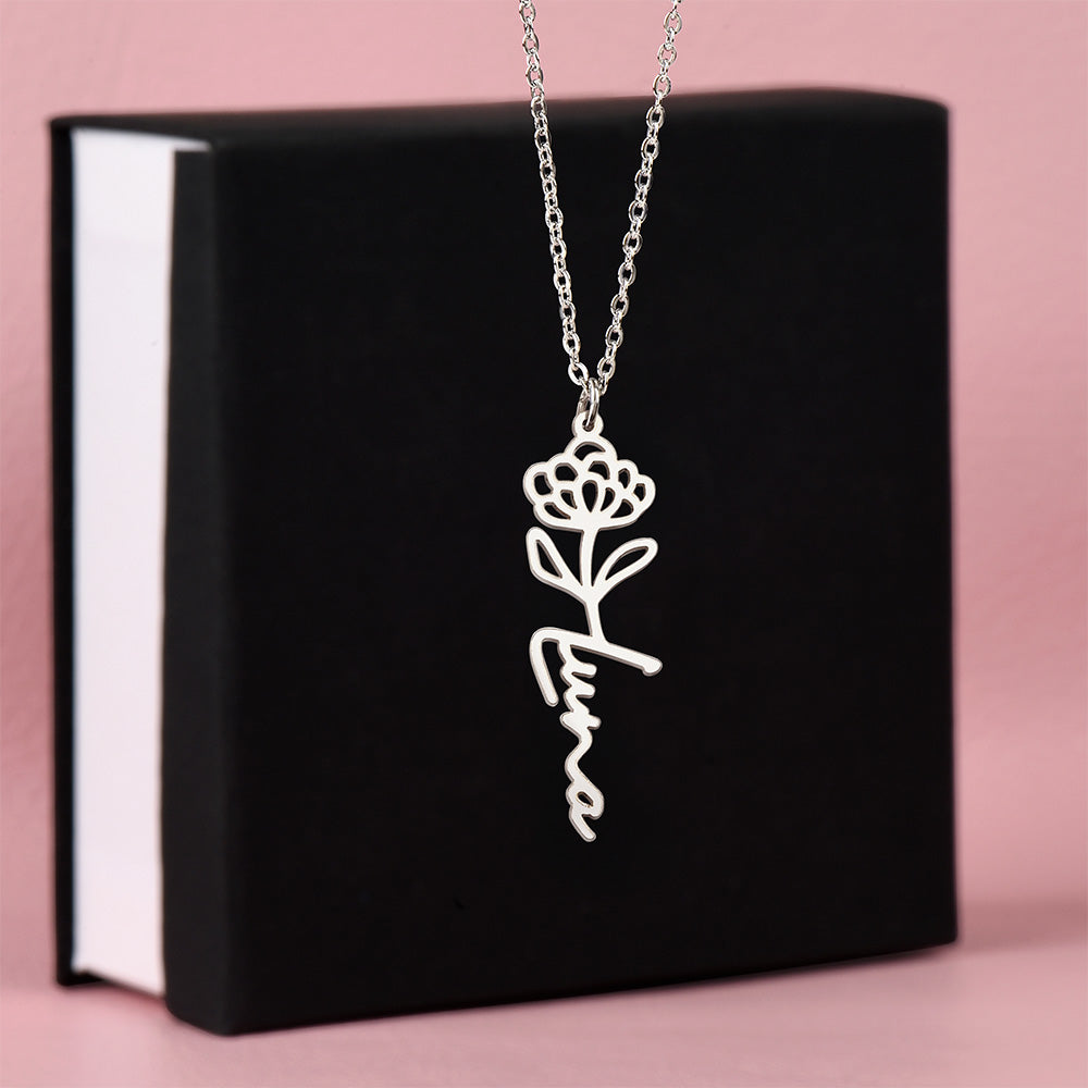 Birth Flower Name Necklace, A Gift She'll Treasure, Custom Handwritten Script Pendant, Gift for Her