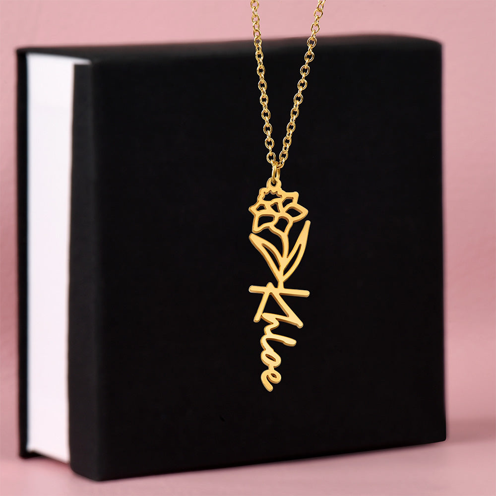Birth Flower Name Necklace, A Gift She'll Treasure, Custom Handwritten Script Pendant, Gift for Her