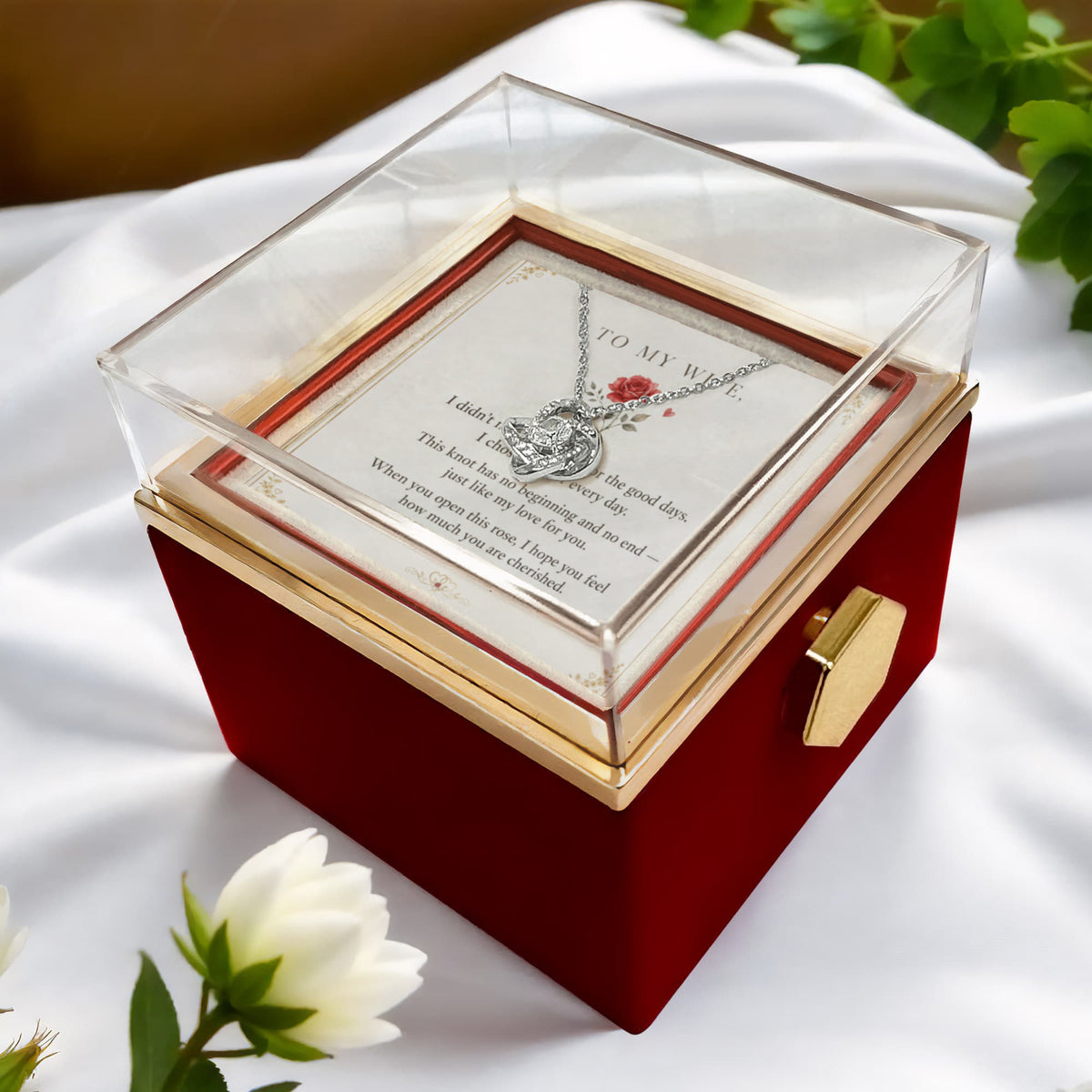 To My Wife, I Love You Always — Love Knot Necklace with Rotating Rose Box