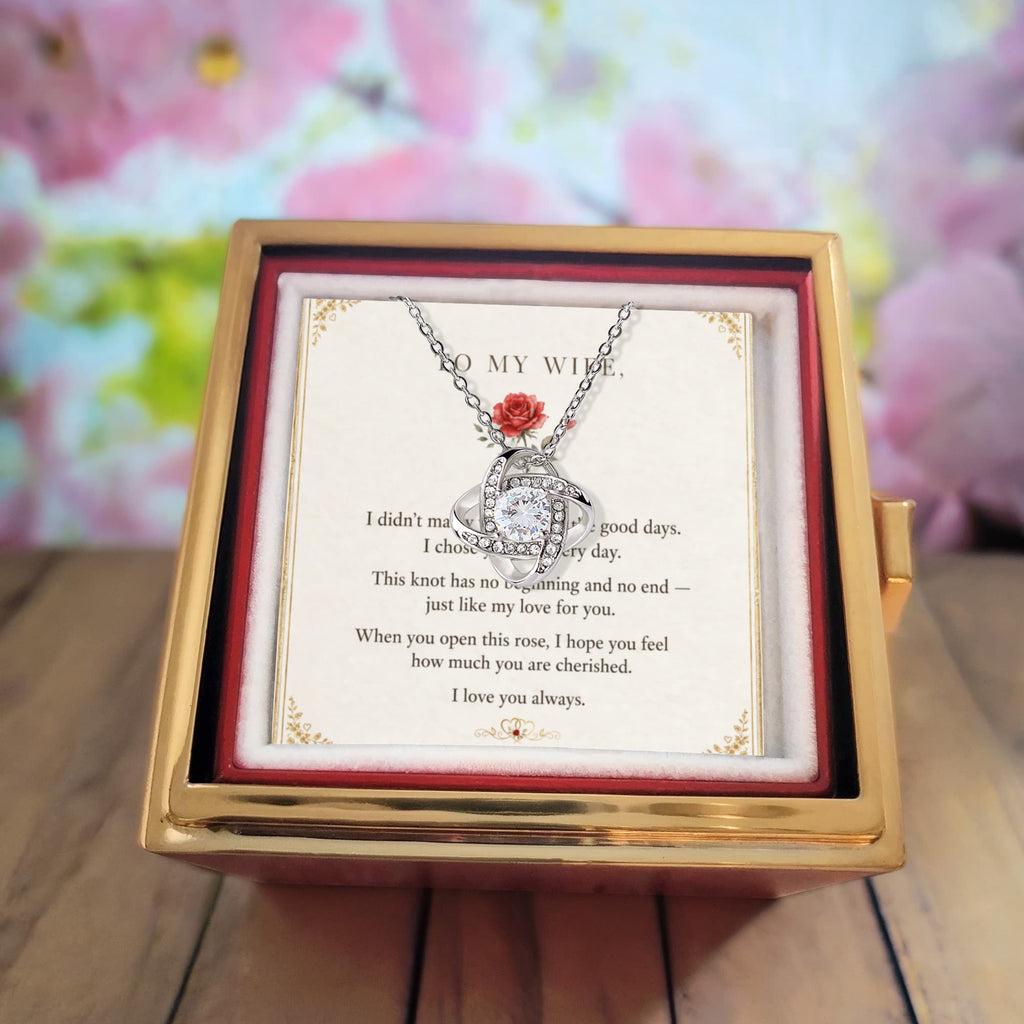 To My Wife, I Love You Always — Love Knot Necklace with Rotating Rose Box