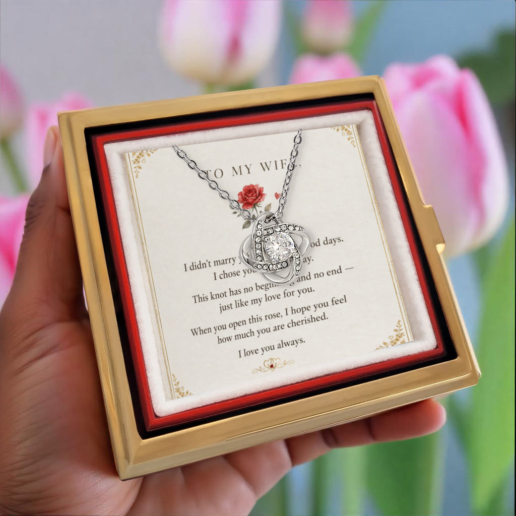 To My Wife, I Love You Always — Love Knot Necklace with Rotating Rose Box