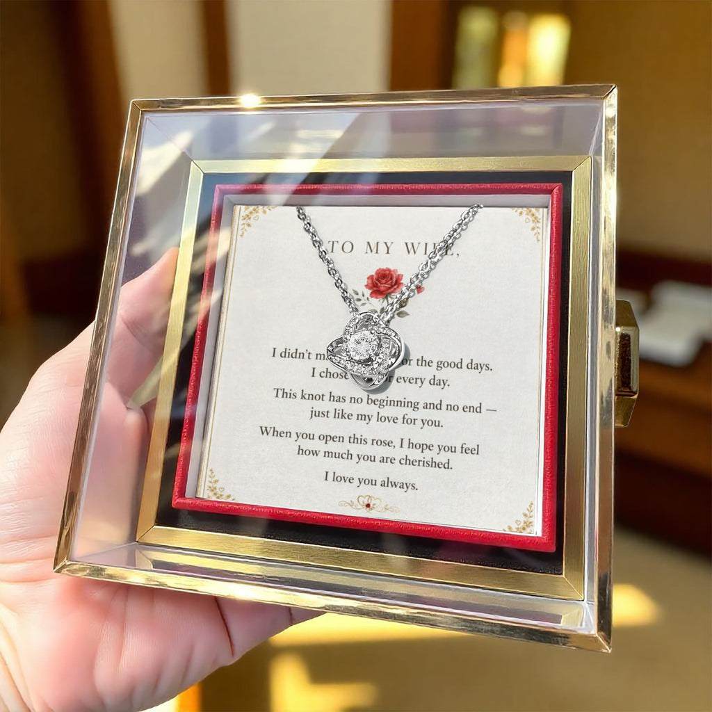 To My Wife, I Love You Always — Love Knot Necklace with Rotating Rose Box