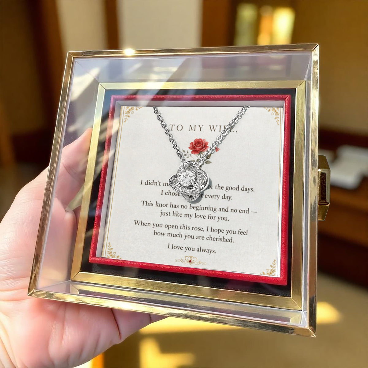 To My Wife, I Love You Always — Love Knot Necklace with Rotating Rose Box