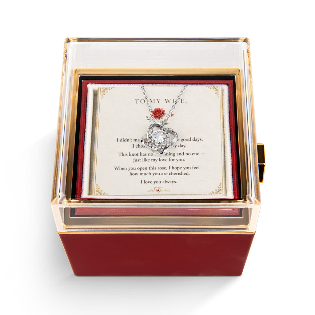 To My Wife, I Love You Always — Love Knot Necklace with Rotating Rose Box