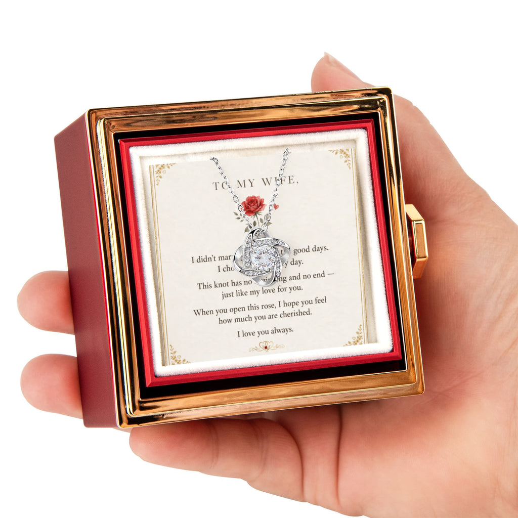 To My Wife, I Love You Always — Love Knot Necklace with Rotating Rose Box