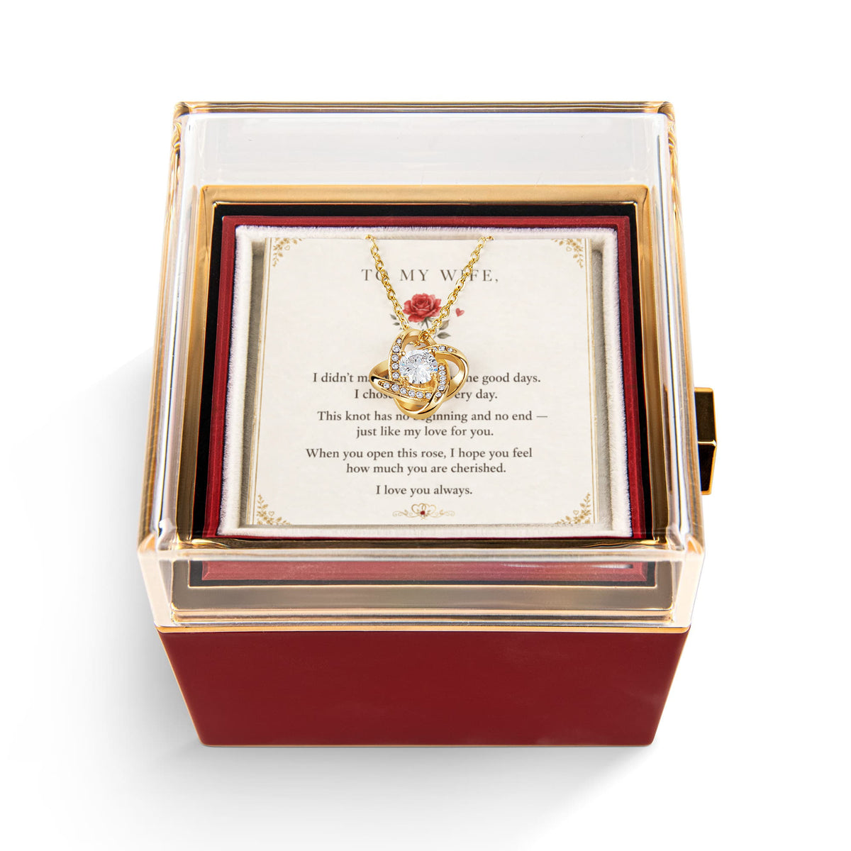 To My Wife, I Love You Always — Love Knot Necklace with Rotating Rose Box
