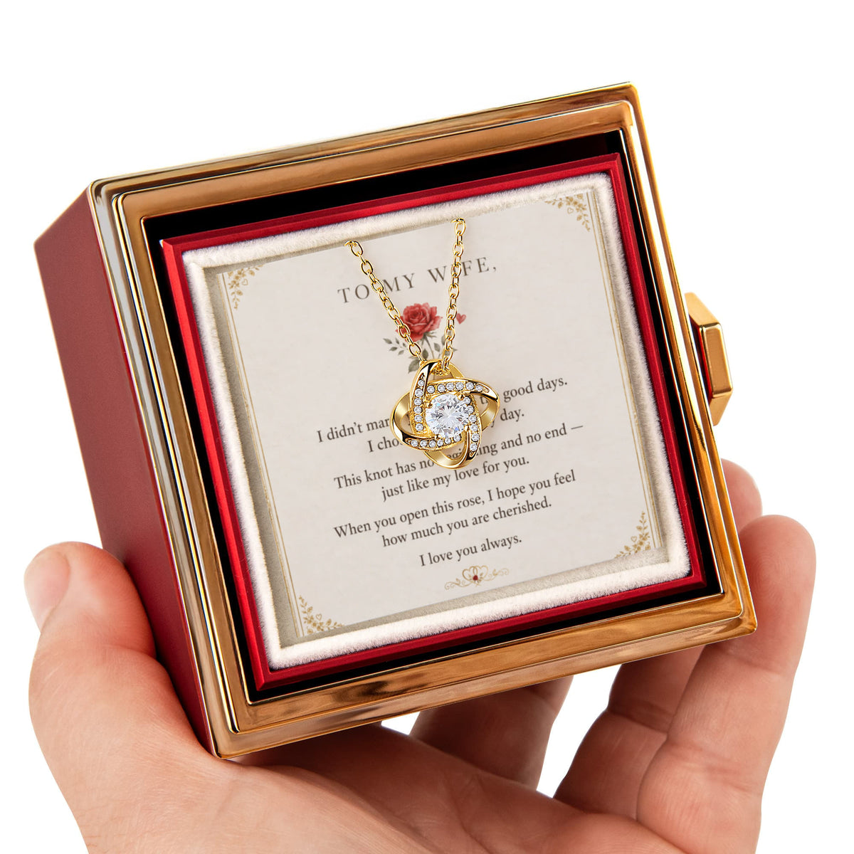 To My Wife, I Love You Always — Love Knot Necklace with Rotating Rose Box