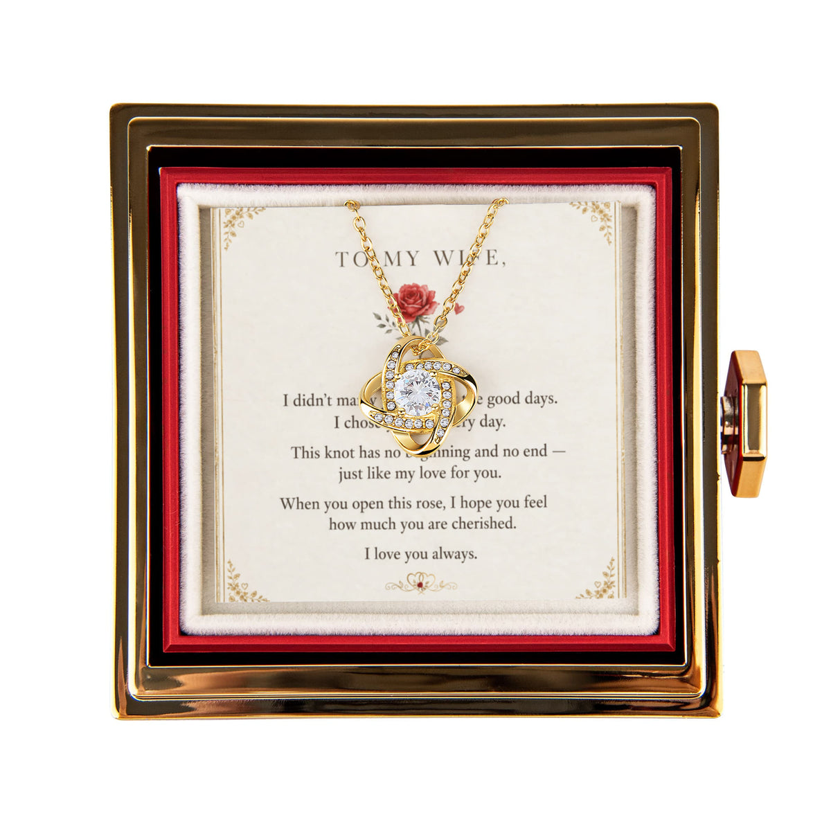 To My Wife, I Love You Always — Love Knot Necklace with Rotating Rose Box