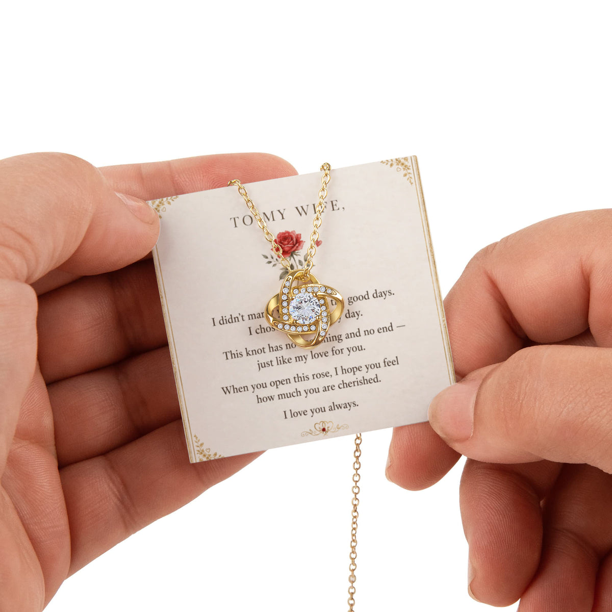 To My Wife, I Love You Always — Love Knot Necklace with Rotating Rose Box