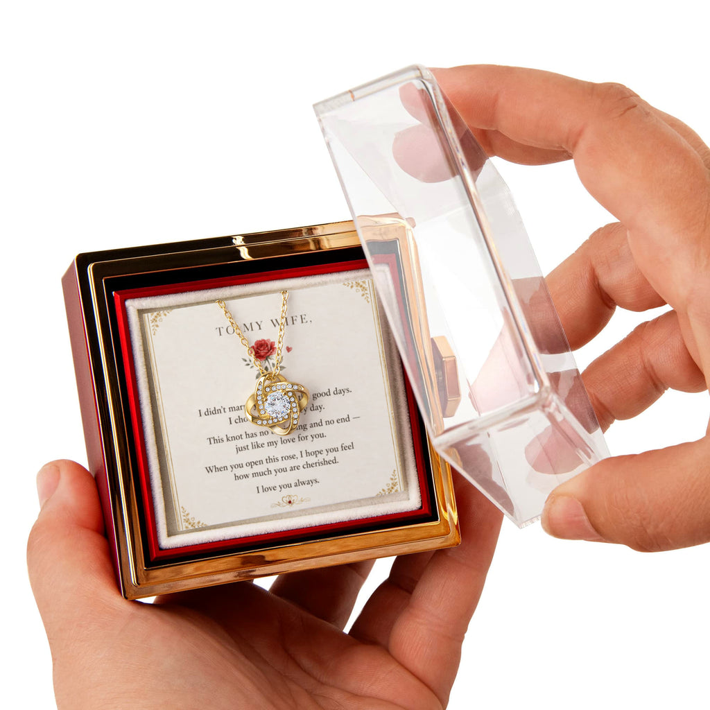 To My Wife, I Love You Always — Love Knot Necklace with Rotating Rose Box
